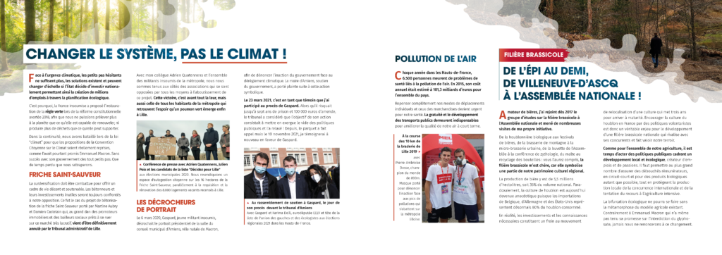 Pages 12 et 13 l'action d'Ugo Bernalicis en matière d'écologie politique durant son mandat.